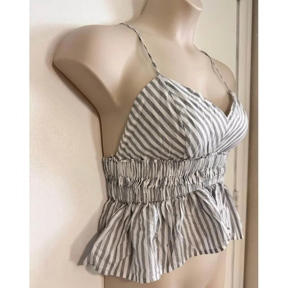 Express Women large Crop Top Striped GrayWhite Triangle Smocked Spaghetti Strap - Picture 2 of 7